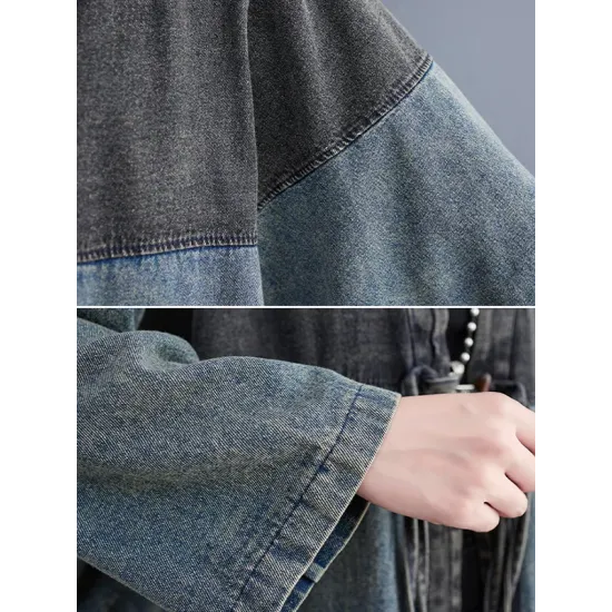 Artistic Retro Denim Long Sleeves Loose Tied Split-Joint Trench Outerwear Artistic Retro Denim Long Sleeves Loose Tied Split-Joint Trench Outerwear