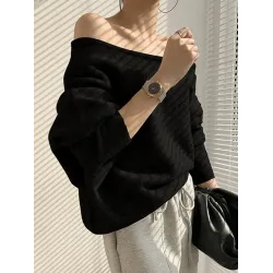 Casual Loose Long Sleeves Solid Color Off-The-Shoulder Sweater Tops