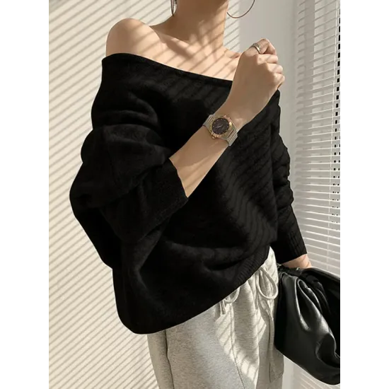 Casual Loose Long Sleeves Solid Color Off-The-Shoulder Sweater Tops Casual Loose Long Sleeves Solid Color Off-The-Shoulder Sweater Tops