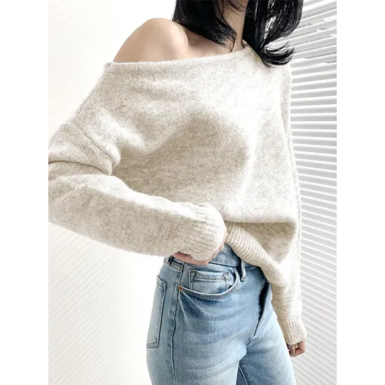 Casual Loose Long Sleeves Solid Color Off-The-Shoulder Sweater Tops Casual Loose Long Sleeves Solid Color Off-The-Shoulder Sweater Tops