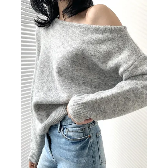 Casual Loose Long Sleeves Solid Color Off-The-Shoulder Sweater Tops Casual Loose Long Sleeves Solid Color Off-The-Shoulder Sweater Tops