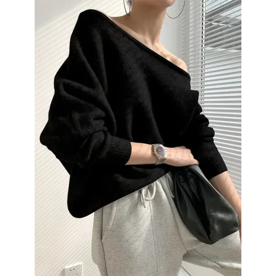 Casual Loose Long Sleeves Solid Color Off-The-Shoulder Sweater Tops Casual Loose Long Sleeves Solid Color Off-The-Shoulder Sweater Tops