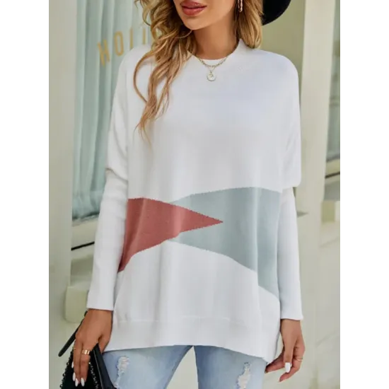 Contrast Color Batwing Sleeves Long Sleeves Round-Neck Sweater Tops Pullovers Knitwear Contrast Color Batwing Sleeves Long Sleeves Round-Neck Sweater Tops Pullovers Knitwear