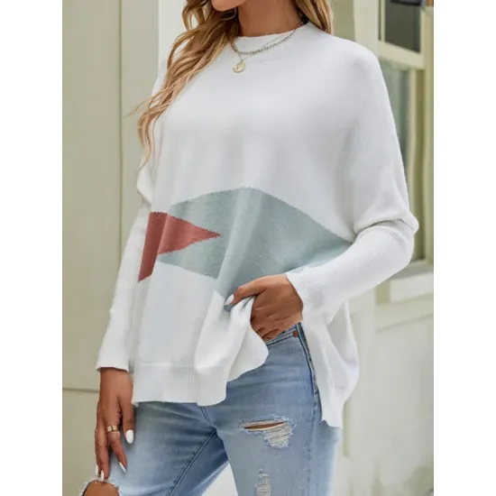 Contrast Color Batwing Sleeves Long Sleeves Round-Neck Sweater Tops Pullovers Knitwear Contrast Color Batwing Sleeves Long Sleeves Round-Neck Sweater Tops Pullovers Knitwear