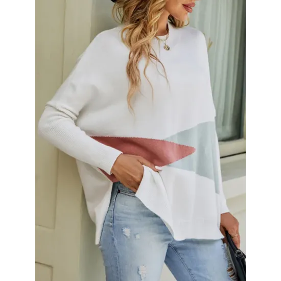 Contrast Color Batwing Sleeves Long Sleeves Round-Neck Sweater Tops Pullovers Knitwear Contrast Color Batwing Sleeves Long Sleeves Round-Neck Sweater Tops Pullovers Knitwear