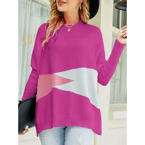 Contrast Color Batwing Sleeves Long Sleeves Round-Neck Sweater Tops Pullovers Knitwear Contrast Color Batwing Sleeves Long Sleeves Round-Neck Sweater Tops Pullovers Knitwear