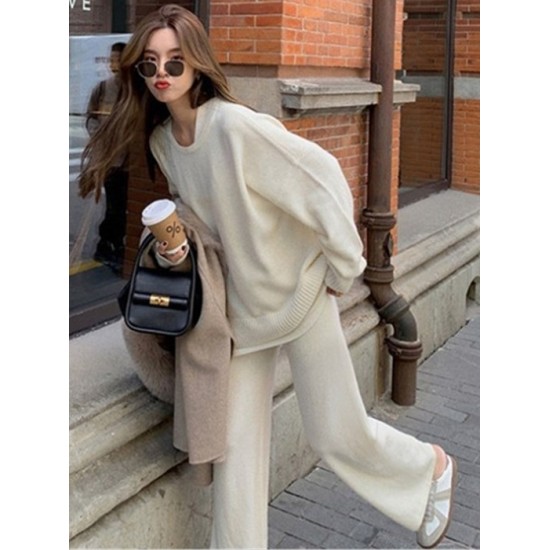 Casual Loose Solid Color Round-Neck Sweater Tops & Wide Leg Pants Suits Casual Loose Solid Color Round-Neck Sweater Tops & Wide Leg Pants Suits