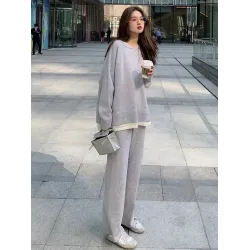 Casual Loose Solid Color Round-Neck Sweater Tops & Wide Leg Pants Suits