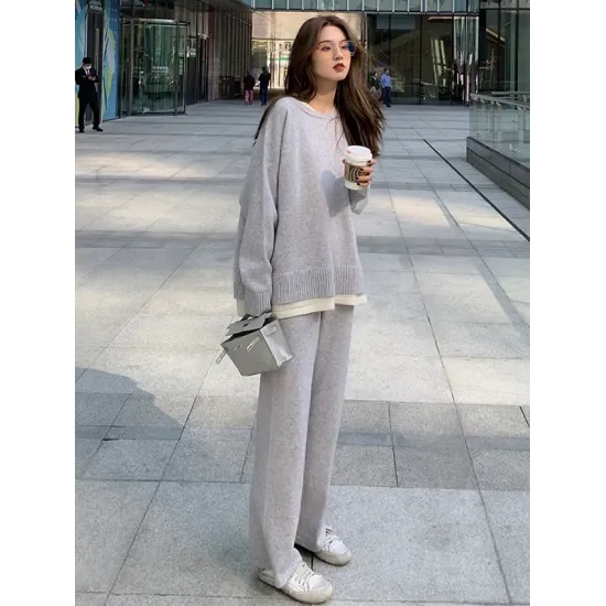 Casual Loose Solid Color Round-Neck Sweater Tops & Wide Leg Pants Suits Casual Loose Solid Color Round-Neck Sweater Tops & Wide Leg Pants Suits
