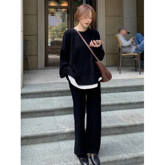 Casual Loose Solid Color Round-Neck Sweater Tops & Wide Leg Pants Suits Casual Loose Solid Color Round-Neck Sweater Tops & Wide Leg Pants Suits
