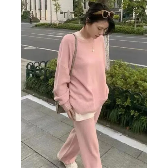 Casual Loose Solid Color Round-Neck Sweater Tops & Wide Leg Pants Suits Casual Loose Solid Color Round-Neck Sweater Tops & Wide Leg Pants Suits