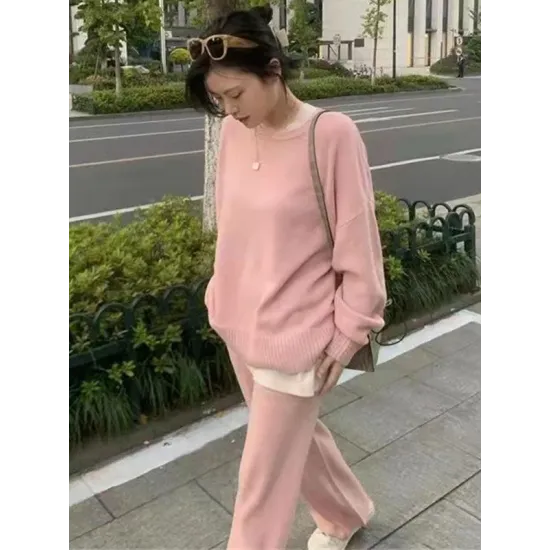 Casual Loose Solid Color Round-Neck Sweater Tops & Wide Leg Pants Suits Casual Loose Solid Color Round-Neck Sweater Tops & Wide Leg Pants Suits
