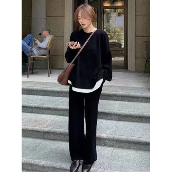 Casual Loose Solid Color Round-Neck Sweater Tops & Wide Leg Pants Suits Casual Loose Solid Color Round-Neck Sweater Tops & Wide Leg Pants Suits