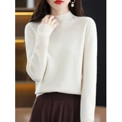 Office Long Sleeves Solid Color High-Neck Sweater Tops Pullovers