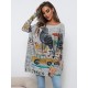 Cartoon Printed Contrast Color Long Sleeves Loose Round-neck Sweater Tops Cartoon Printed Contrast Color Long Sleeves Loose Round-neck Sweater Tops