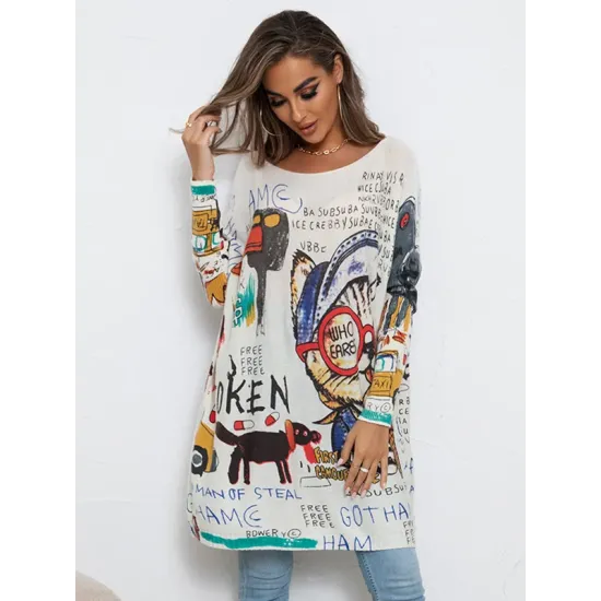 Cartoon Printed Contrast Color Long Sleeves Loose Round-neck Sweater Tops Cartoon Printed Contrast Color Long Sleeves Loose Round-neck Sweater Tops