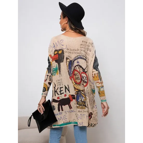 Cartoon Printed Contrast Color Long Sleeves Loose Round-neck Sweater Tops Cartoon Printed Contrast Color Long Sleeves Loose Round-neck Sweater Tops