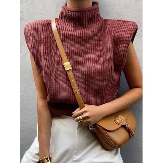 Casual Cap Sleeve Solid Color High-Neck Sweater Tops Pullovers Casual Cap Sleeve Solid Color High-Neck Sweater Tops Pullovers