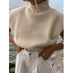 Casual Cap Sleeve Solid Color High-Neck Sweater Tops Pullovers