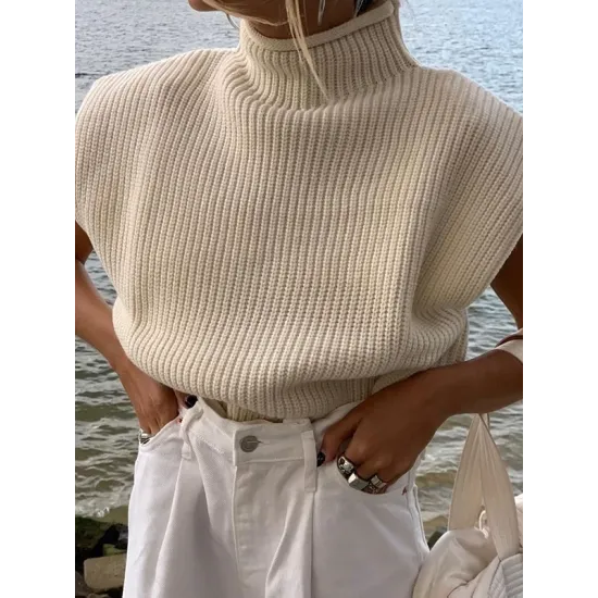 Casual Cap Sleeve Solid Color High-Neck Sweater Tops Pullovers Casual Cap Sleeve Solid Color High-Neck Sweater Tops Pullovers