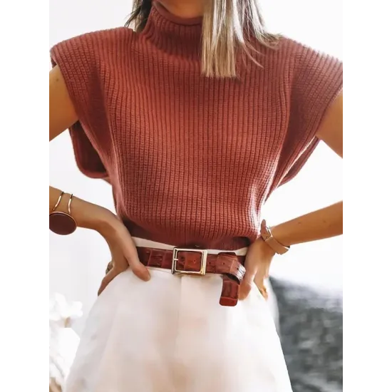 Casual Cap Sleeve Solid Color High-Neck Sweater Tops Pullovers Casual Cap Sleeve Solid Color High-Neck Sweater Tops Pullovers