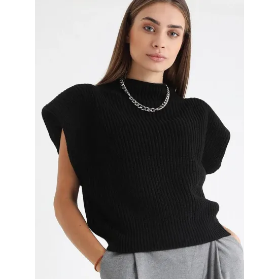 Casual Cap Sleeve Solid Color High-Neck Sweater Tops Pullovers Casual Cap Sleeve Solid Color High-Neck Sweater Tops Pullovers