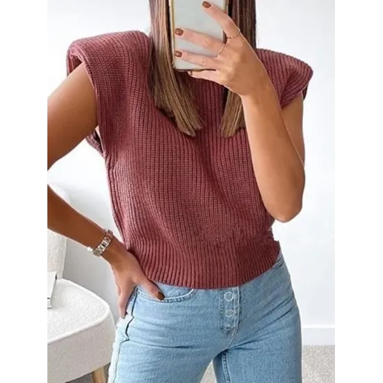 Casual Cap Sleeve Solid Color High-Neck Sweater Tops Pullovers Casual Cap Sleeve Solid Color High-Neck Sweater Tops Pullovers
