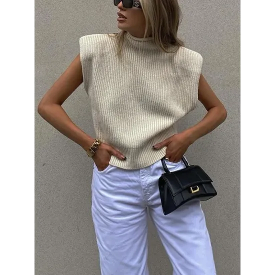 Casual Cap Sleeve Solid Color High-Neck Sweater Tops Pullovers Casual Cap Sleeve Solid Color High-Neck Sweater Tops Pullovers