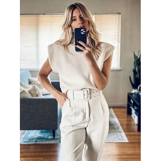 Casual Cap Sleeve Solid Color High-Neck Sweater Tops Pullovers Casual Cap Sleeve Solid Color High-Neck Sweater Tops Pullovers