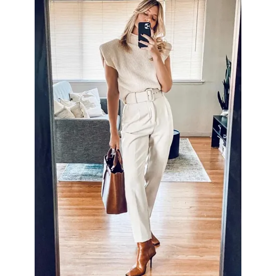 Casual Cap Sleeve Solid Color High-Neck Sweater Tops Pullovers Casual Cap Sleeve Solid Color High-Neck Sweater Tops Pullovers