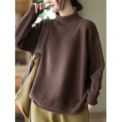 Vintage Long Sleeves Loose Solid Color High-Neck Sweater Tops