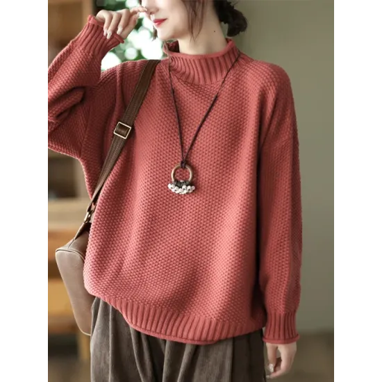 Vintage Long Sleeves Loose Solid Color High-Neck Sweater Tops Vintage Long Sleeves Loose Solid Color High-Neck Sweater Tops