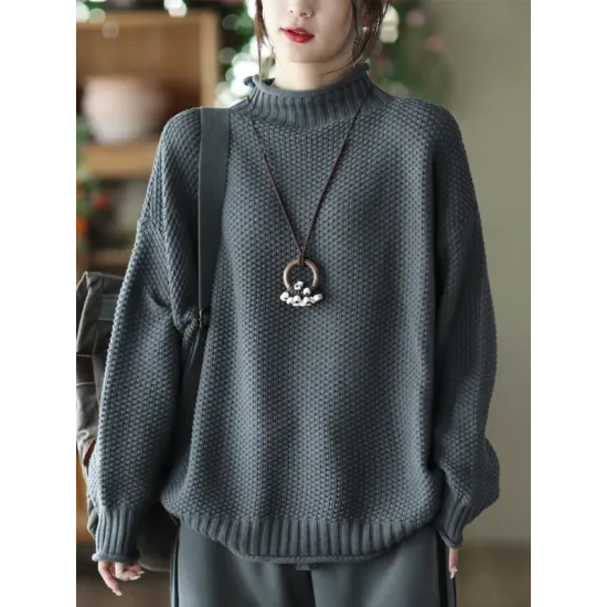 Vintage Long Sleeves Loose Solid Color High-Neck Sweater Tops Vintage Long Sleeves Loose Solid Color High-Neck Sweater Tops