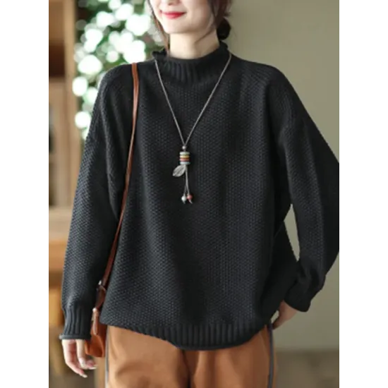 Vintage Long Sleeves Loose Solid Color High-Neck Sweater Tops Vintage Long Sleeves Loose Solid Color High-Neck Sweater Tops