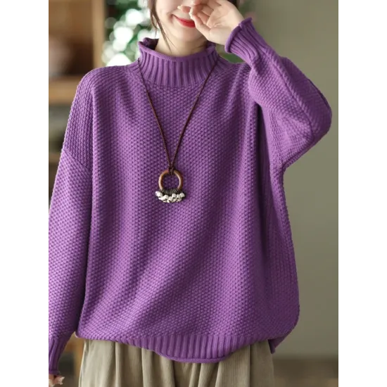 Vintage Long Sleeves Loose Solid Color High-Neck Sweater Tops Vintage Long Sleeves Loose Solid Color High-Neck Sweater Tops