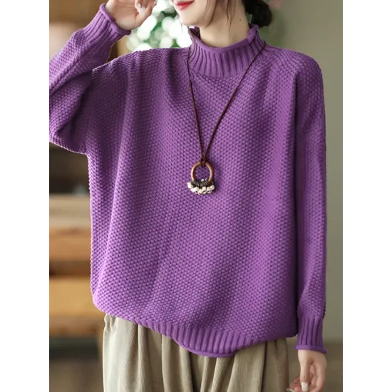 Vintage Long Sleeves Loose Solid Color High-Neck Sweater Tops Vintage Long Sleeves Loose Solid Color High-Neck Sweater Tops