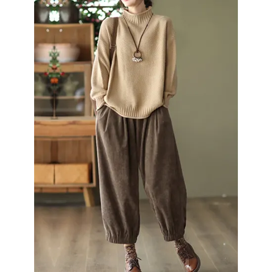 Vintage Long Sleeves Loose Solid Color High-Neck Sweater Tops Vintage Long Sleeves Loose Solid Color High-Neck Sweater Tops