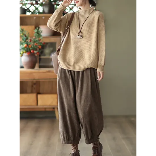 Vintage Long Sleeves Loose Solid Color High-Neck Sweater Tops Vintage Long Sleeves Loose Solid Color High-Neck Sweater Tops