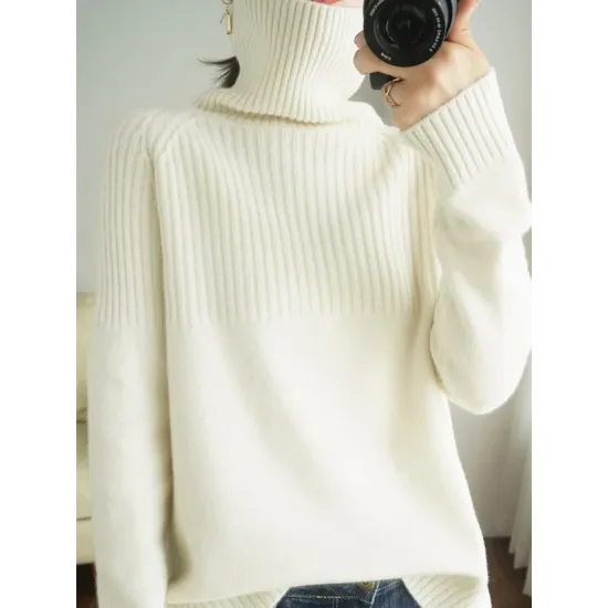 Casual Long Sleeves Loose Solid Color High-Neck Sweater Tops Casual Long Sleeves Loose Solid Color High-Neck Sweater Tops