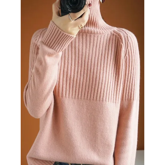 Casual Long Sleeves Loose Solid Color High-Neck Sweater Tops Casual Long Sleeves Loose Solid Color High-Neck Sweater Tops