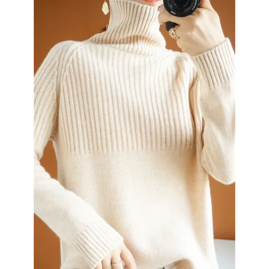 Casual Long Sleeves Loose Solid Color High-Neck Sweater Tops Casual Long Sleeves Loose Solid Color High-Neck Sweater Tops