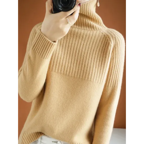 Casual Long Sleeves Loose Solid Color High-Neck Sweater Tops Casual Long Sleeves Loose Solid Color High-Neck Sweater Tops