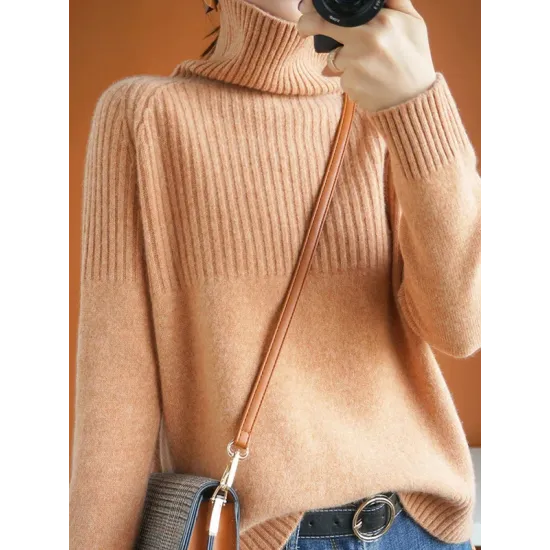 Casual Long Sleeves Loose Solid Color High-Neck Sweater Tops Casual Long Sleeves Loose Solid Color High-Neck Sweater Tops