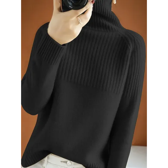 Casual Long Sleeves Loose Solid Color High-Neck Sweater Tops Casual Long Sleeves Loose Solid Color High-Neck Sweater Tops