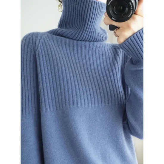 Casual Long Sleeves Loose Solid Color High-Neck Sweater Tops Casual Long Sleeves Loose Solid Color High-Neck Sweater Tops