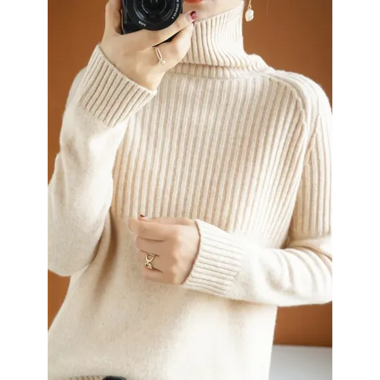 Casual Long Sleeves Loose Solid Color High-Neck Sweater Tops Casual Long Sleeves Loose Solid Color High-Neck Sweater Tops