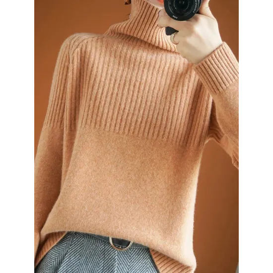 Casual Long Sleeves Loose Solid Color High-Neck Sweater Tops Casual Long Sleeves Loose Solid Color High-Neck Sweater Tops