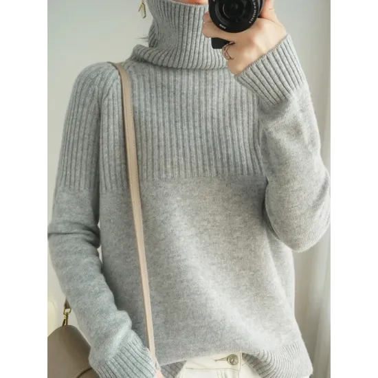 Casual Long Sleeves Loose Solid Color High-Neck Sweater Tops Casual Long Sleeves Loose Solid Color High-Neck Sweater Tops