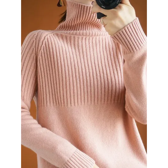 Casual Long Sleeves Loose Solid Color High-Neck Sweater Tops Casual Long Sleeves Loose Solid Color High-Neck Sweater Tops
