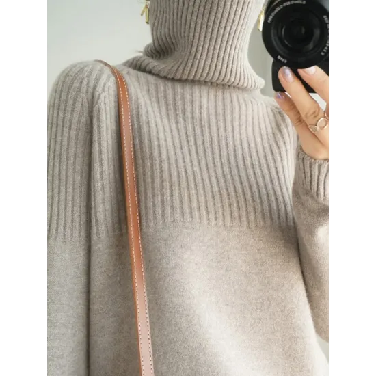 Casual Long Sleeves Loose Solid Color High-Neck Sweater Tops Casual Long Sleeves Loose Solid Color High-Neck Sweater Tops